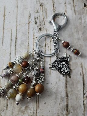 Highland Cow Purse Charm or Keychain Rhodonite Agate Carnelian Handcrafted